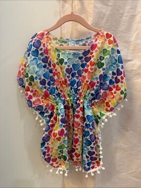 Coral Kids Rainbow Heart Swim Coverup with Pom-Pom Trim